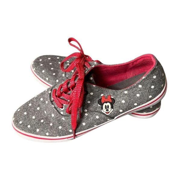 Gray Polka Dot Sneakers with Red Laces & Minnie Mouse - Size 10 - Picture 2 of 5